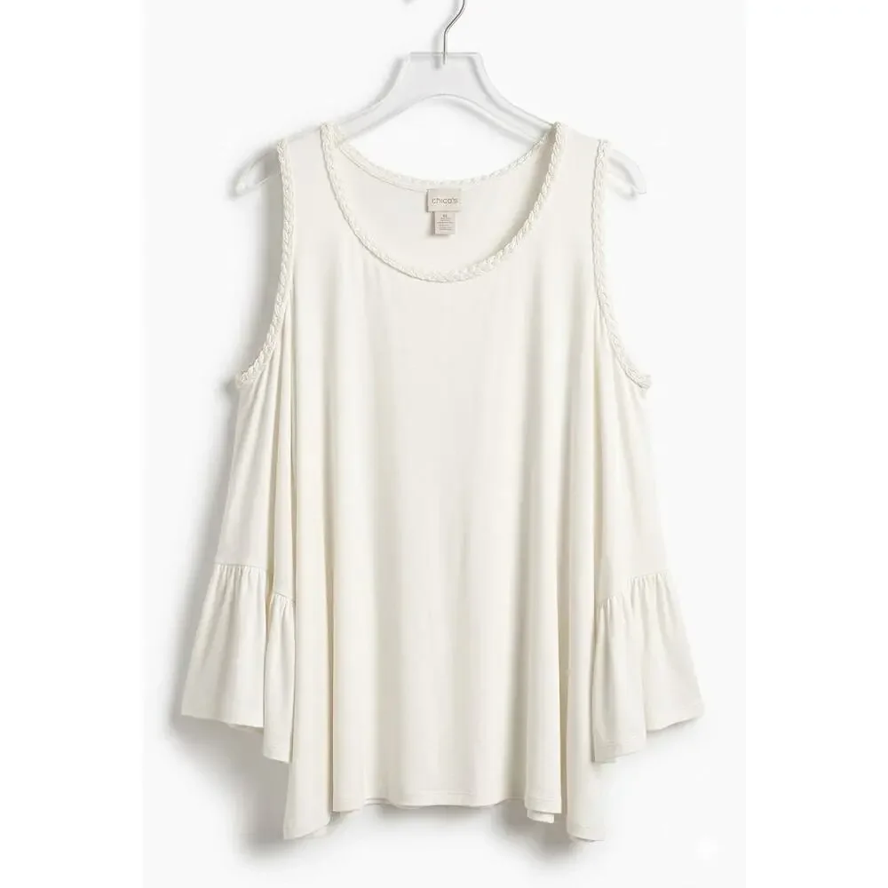 UGC Chico's White Cold Shoulder Bell Sleeve Blouse Braided Trim Boho Flowy Top L - Picture 1 of 9